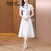 晗韵洛中国风旗袍连衣裙女夏款新中式手绘墨竹复古改良年轻款女装 白色 XL 105-115斤