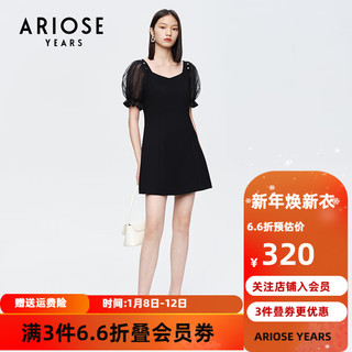 ARIOSE years 艾诺丝雅诗 夏新珍珠网纱泡泡袖短袖小清新小黑裙连衣裙10429006 黑色 S