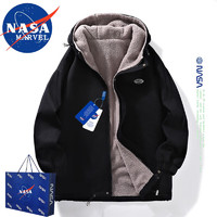 NASA MARVEL棉衣男棉服男冬季外套面包服羊羔绒连帽潮牌加绒加厚百搭装 黑色 XL-（110斤-140斤）