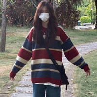 Halo Queen针织衫女新年衣服条纹毛衣秋冬复古慵懒套头厚上衣H138Z8030