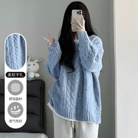 Halo Queen针织衫女时尚慵懒v领毛衣秋冬宽松外穿上衣H138Z8027 天蓝色V领