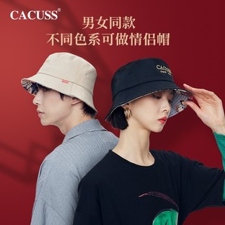 CACUSS帽子男女渔夫帽棉质遮阳防晒帽刺绣户外太阳帽盆帽秋徒步黑色大号