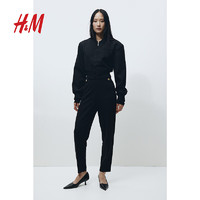 H&M女装正装裤重磅长裤小脚裤高腰汗布西裤1216397 黑色 170/100A