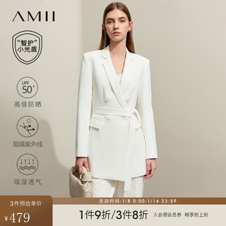 AMII2024春极简通勤风收腰修身配腰带双排扣中长防晒西装女 米白 155/80A/S