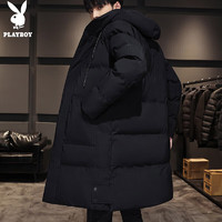 花花公子(PLAYBOY)棉服男中长款棉衣男冬季外套男士连帽棉袄厚衣服 黑色 XL
