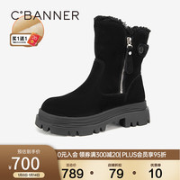 C.BANNER千百度厚底雪地靴加绒保暖增高短靴毛毛鞋 黑色 35