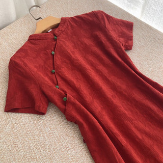 SZHG红色棉提花年轻款高考旗袍复古改良中长款棉麻连衣裙 胭脂红 L