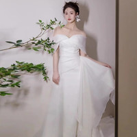 PZCL鱼尾婚纱抹胸轻新娘订婚礼服裙旅拍结婚气质迎宾出门纱小个子 白色