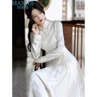 玛希迪新国风羽毛提花改良旗袍连衣裙年轻款小个子显瘦2022秋装长裙 杏色 M