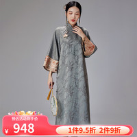 陌遇中国风复古原创文艺茶服改良盘扣旗袍中式绣花连衣裙 蓝灰色 M