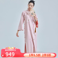 陌遇20复古改良民国风羊毛呢刺绣旗袍原创新中式连衣裙 菡萏粉 S