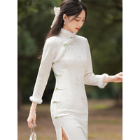 彩木夏加绒加厚长款侧八扣旗袍雪花绒刺绣复古文艺改良旗袍 307米色刺绣雪花绒 3XL 130-140斤