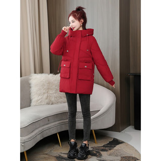 锡曼尘矮个子中长款加厚羽绒服女冬季女韩版宽松冬装小个子 红色 L 110-125斤