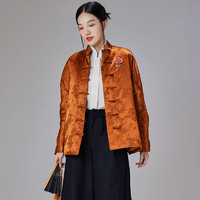陌遇冬季中国风复古对襟提花茶服女士唐装上衣气质原创中式小棉袄 桔色 XL