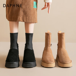 达芙妮（DAPHNE）厚底增高雪地靴女冬加绒保暖铅笔靴百搭时尚棉靴子 黑色 39