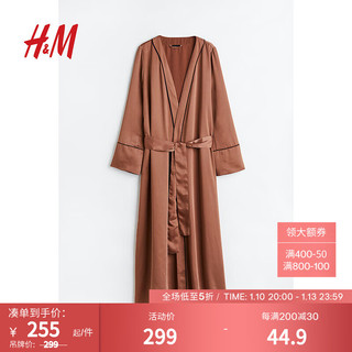 H&M女士家居服缎质睡袍轻柔垂坠开衩设计睡衣0892090 棕色 160/80A