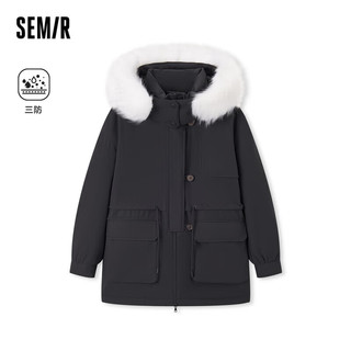 森马（Semir）棉服女中长款宽松收腰工装风三防毛领连帽厚109723112006 黑色90001 L