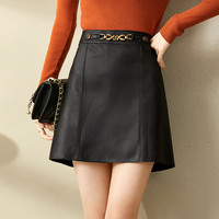 尚都比拉秋季半身裙女PU皮革金属链条时尚百搭a字短裙显瘦小个子裙子黑色L