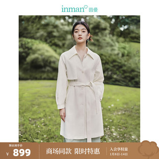 茵曼（INMAN）设计感竖纹风衣2024春女装系带收腰显瘦外套 米白色