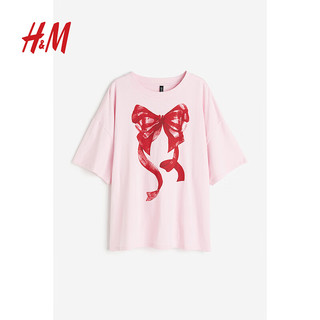 H&M【新年系列】女装T恤2024春季休闲大廓形印花上衣1213177 奶油色/Lucky 155/76A