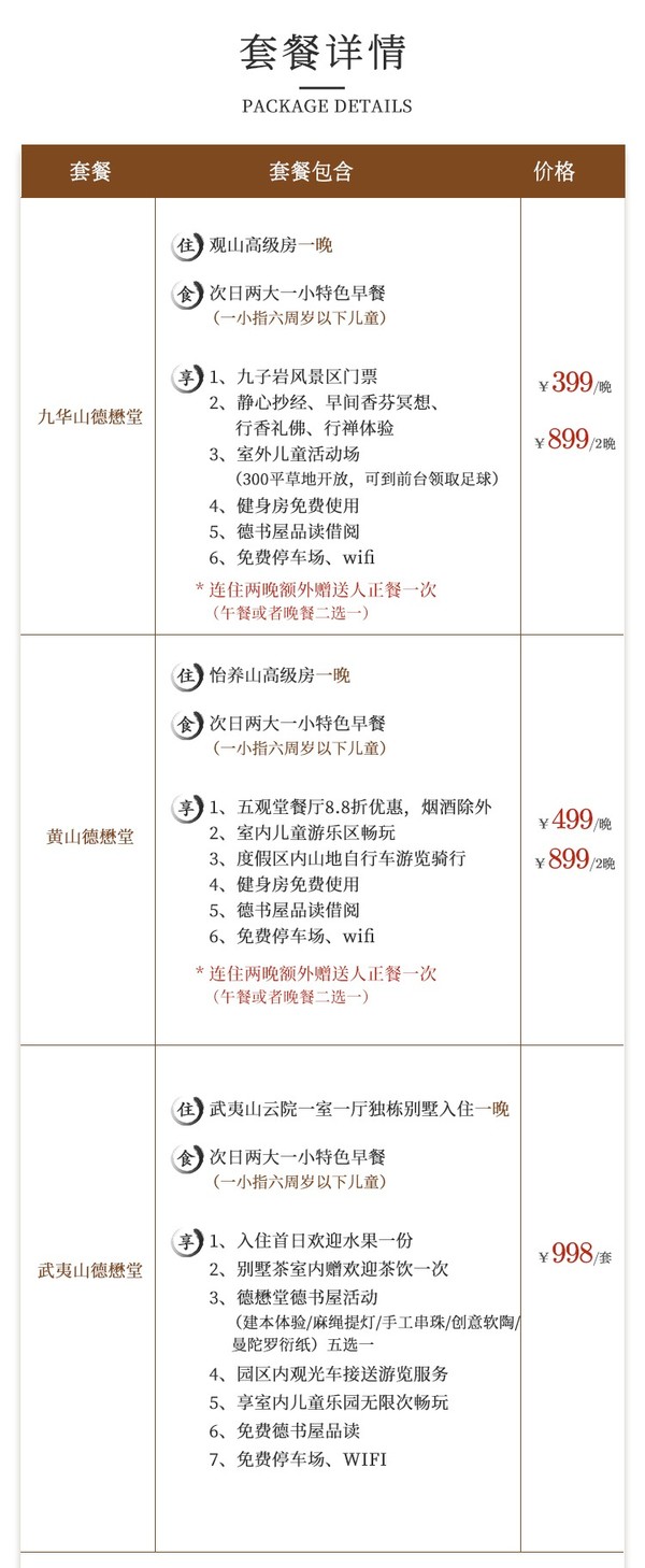 低调的古风精品度假村！周末不加价，连住2晚送正餐！德懋堂品牌度假村黄山/九华山/武夷山3店1-2晚套餐（含2大1小早餐+景区门票等）