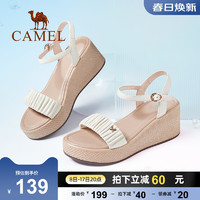 CAMEL 骆驼 女鞋新款羊皮一字带高跟罗马凉鞋女真皮坡跟凉鞋女