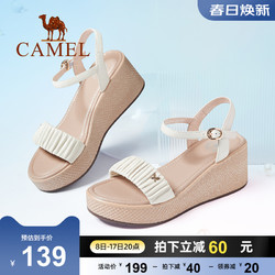 CAMEL 骆驼 女鞋新款羊皮一字带高跟罗马凉鞋女真皮坡跟凉鞋女