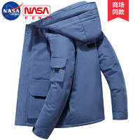 NASA PONY羽绒服男生冬季加厚工装外套机车连帽夹克保暖防风上衣男装 蓝色 3XL