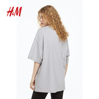 H&M女装时尚休闲百搭汗布罗纹领口宽松短袖T恤1137208 浅灰色 155/76A (XXS)