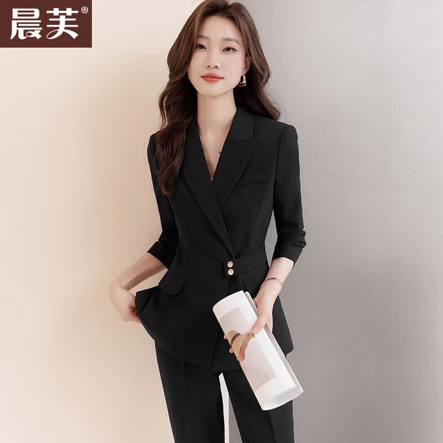 晨芙加棉西装外套女秋冬气质厚职业套装主持人经理正装前台接待工作服 (常规)黑色外套+西裤 XL