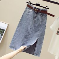 OIUO牛仔半身裙子女春夏气质开叉中长款高腰a字显瘦包臀 9882【浅蓝色】（不带腰带） M