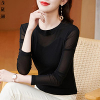 浅黛颜打底衫女春秋洋气薄款网纱打底衫女圆领长袖上衣洋气小衫显瘦 黑色 【M】 XL 【121-130斤】