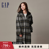 Gap女装冬季2023羊毛混纺毛呢长款大衣841025保暖廓形外套 灰色格纹 170/88A(L)亚洲尺码