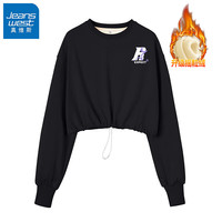 JEANSWEST 真维斯 圆领套头卫衣女春秋冬季抽绳短款无帽美式复古慵懒宽松上衣 黑-单个R字母K M