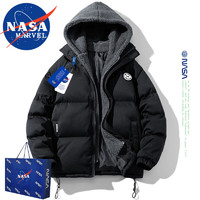 NASA MARVEL棉衣男棉服冬季外套连帽面包服装加厚假两件百搭休闲棉袄子 黑色 XL-（130斤-160斤）