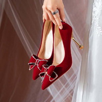 九寸阳光 中式婚鞋女酒红色高跟鞋秀禾婚纱两穿新娘鞋桃夭 （8172）6CM红色【36码】