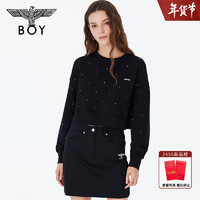 BOY LONDON春季女士短款上衣烫钻金属牌设计感截短潮流圆领套头卫衣W03001 黑色 XS