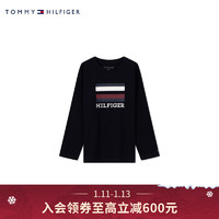 TOMMY HILFIGER 童装男简约条纹字母印花休闲长袖T恤TH2332008 黑色002 8/130cm