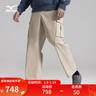 美津浓（MIZUNO）HERITAGE系列 男子防泼水梭织工装长裤 潮流通勤宽松直筒休闲裤 44/砂砾色 L