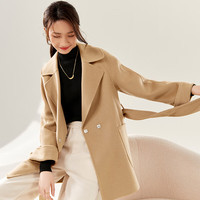 尚都比拉冬季羊毛西装领毛呢大衣可拆卸腰带设计双面呢外套女 驼色 L