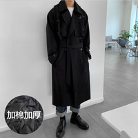 艾梵斯贝春秋高级感中长款风衣男韩版宽松潮流帅气过膝大衣双排扣战壕外套 黑色加棉加厚 3XL