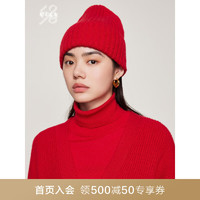 鄂尔多斯1980抗静电 粗纺羊绒抽条针织女帽保暖护耳帽 大红 50cm