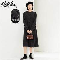 佐丹奴裙子女装厚实灯芯绒拼接勾花小立领长袖连衣裙18463918 10冰山灰 XL