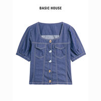 Basic House/百家好方领牛仔衬衫女季休闲多扣蓝色短袖