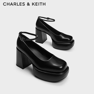 CHARLES&KEITH23冬复古腕带厚底粗跟高跟单鞋CK1-60920355 Black Box黑色 35