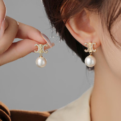 00ko轻奢感银针耳饰新款凯旋门锆石珍珠吊坠耳环气质百搭耳坠凯旋门