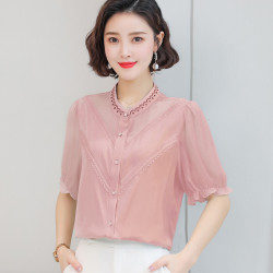 gudisi古地斯真丝短袖衬衫女夏季时尚印花拼接立领体恤上衣高端桑蚕丝