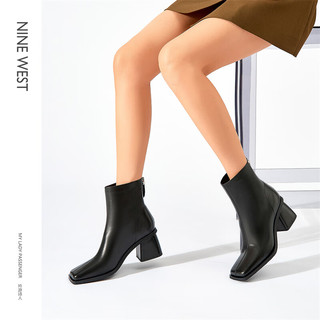 NINE WEST/玖熙加绒时装靴女2023冬气质通勤方头粗跟后拉链短靴 黑色(羊反绒NG251023SK) 35