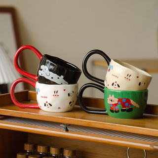 肆月韩式ins马克杯家用陶瓷大耳朵把手杯创意卡通杯子喝水咖啡杯 黑色斑点狗