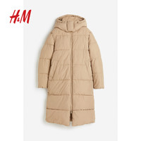 H&M HM女装大衣2023冬季新款疏水连帽绗缝宽松立领棉服1172927